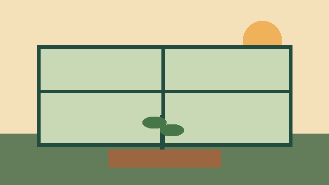 Original geometric teaching image: greenhouse glass, sunset and a seedling.